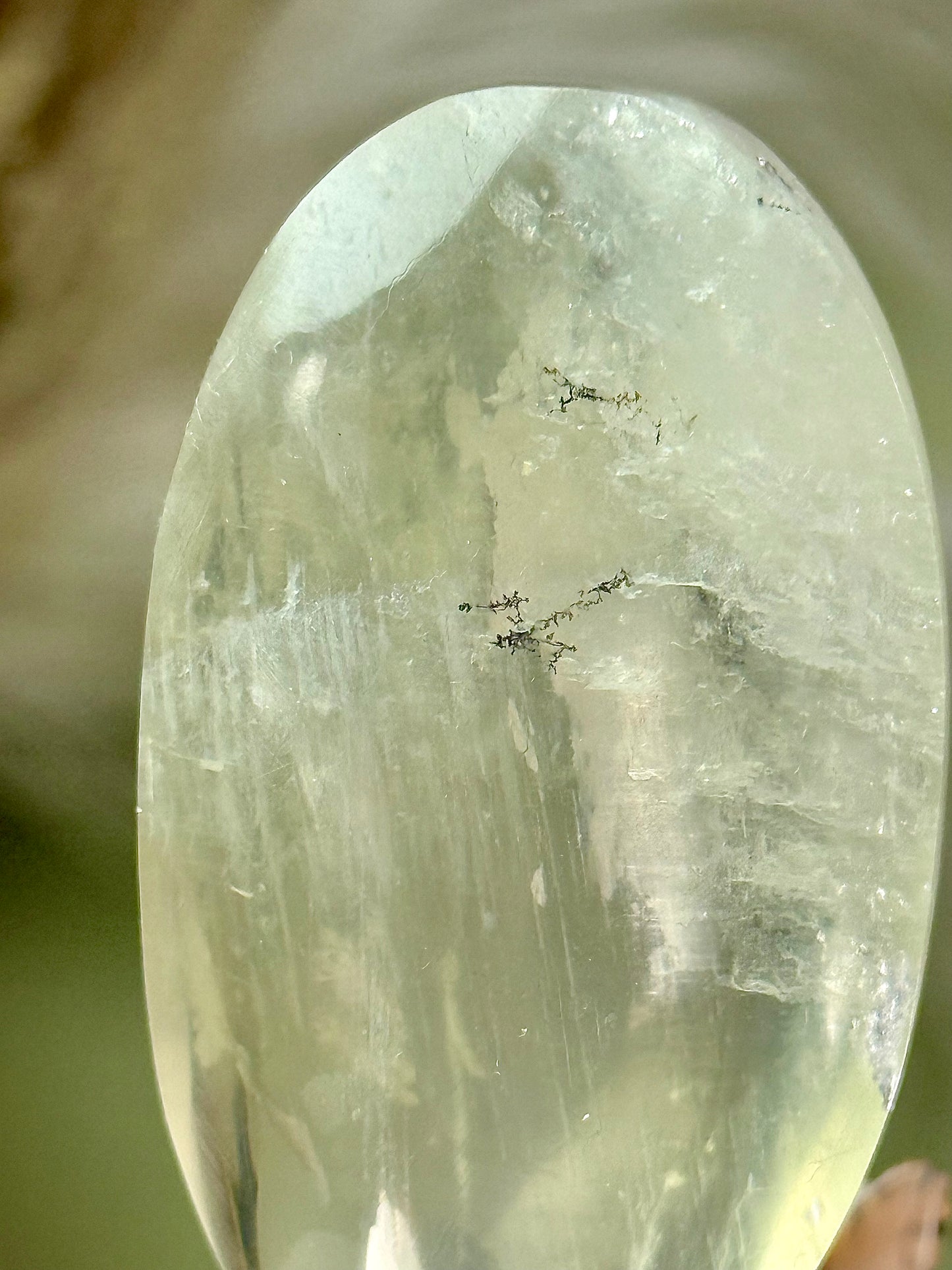 Rare Gem grade Sage moonstone with blue flash palm stone. From Tanzania. (With Dendrites!)