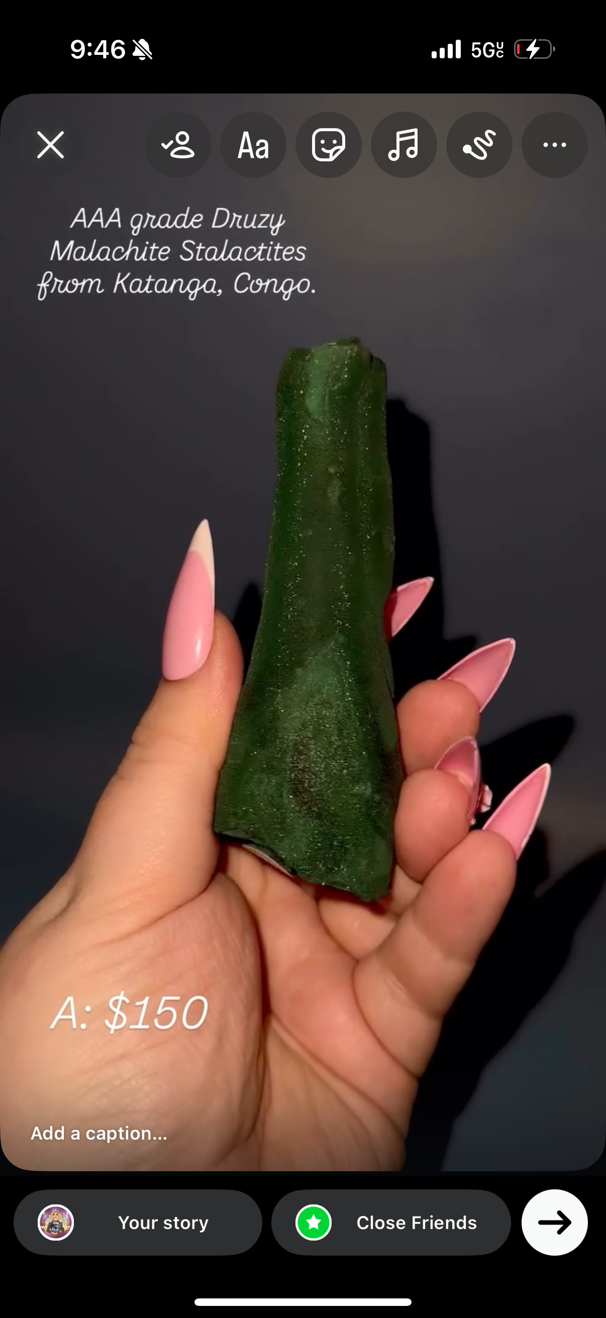 Druzy malachite stalactite.