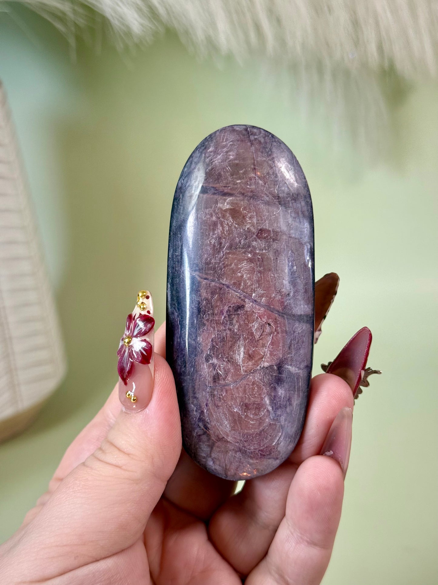 Gem Lepidolite large oval palm stone.