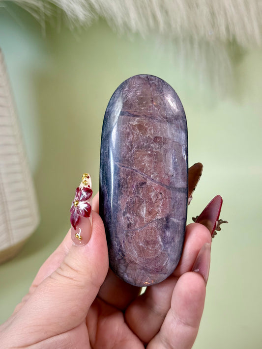 Gem Lepidolite large oval palm stone.