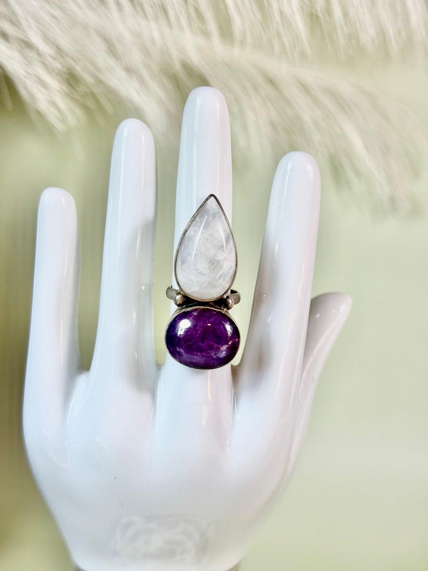 Sterling silver star Ruby with rainbow moonstone ring. Size 6.
