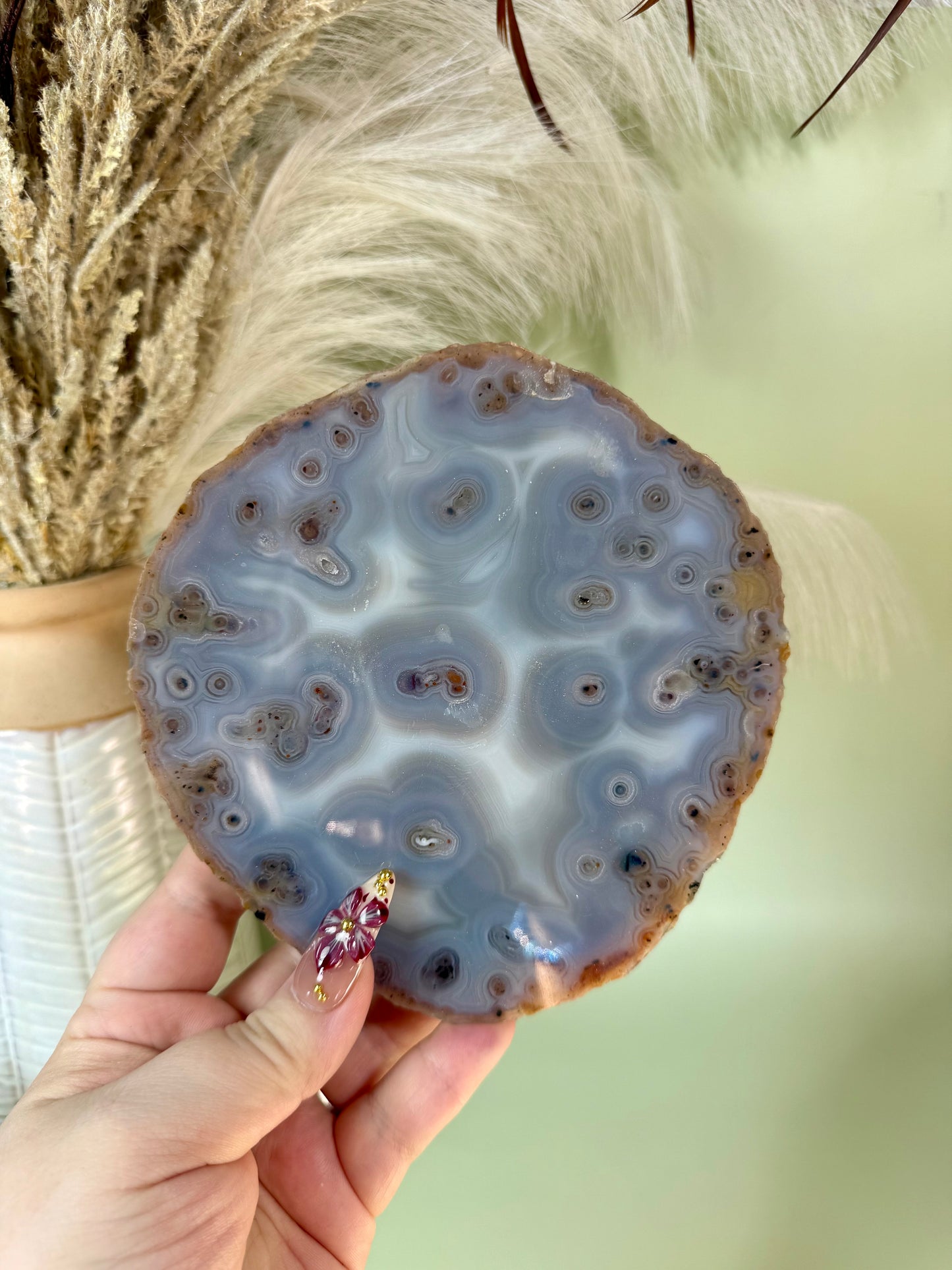 Blue orb agate slabs.