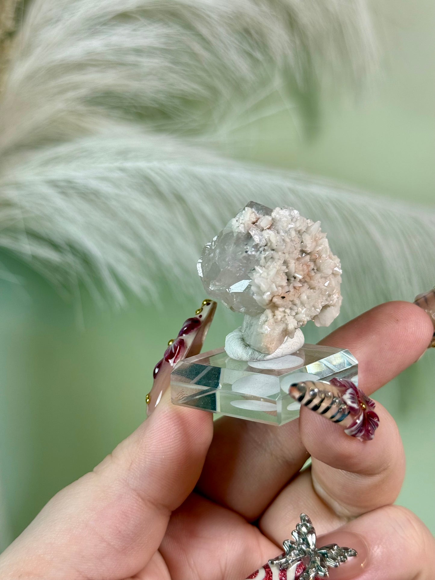 Rare light pink diamond calcite from Hubei with dog tooth calcite & chalcopyrite.