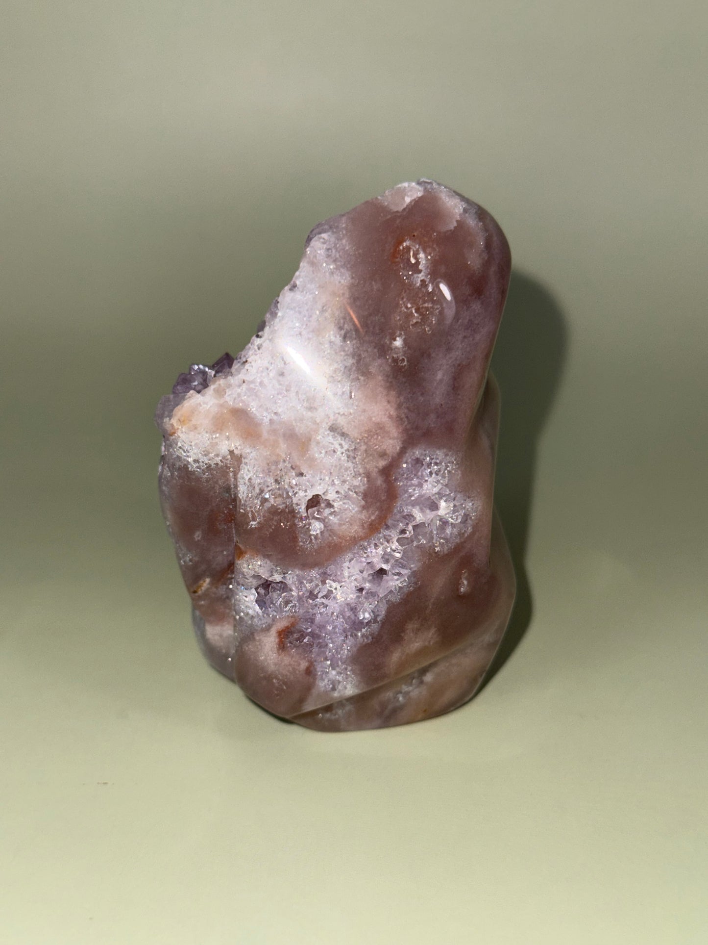 High quality mauve pink amethyst flame with Amethyst druzy.