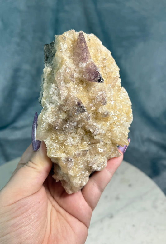 Champagne Dogtooth calcite with yttrium fluorite & selenite crystals.