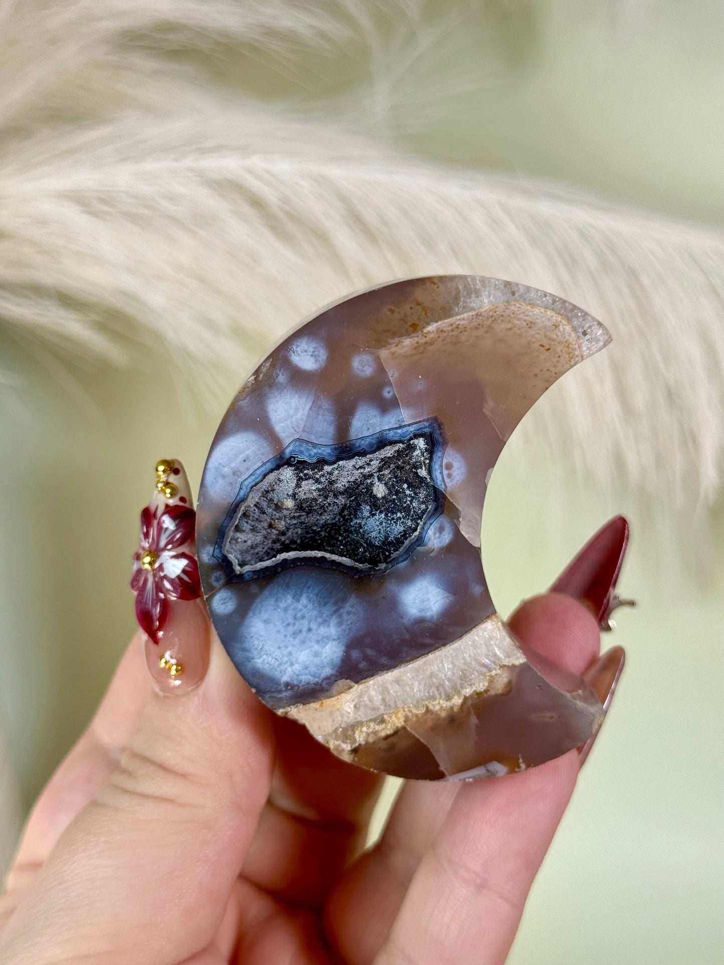 Brazil agate moon with navy druzy.