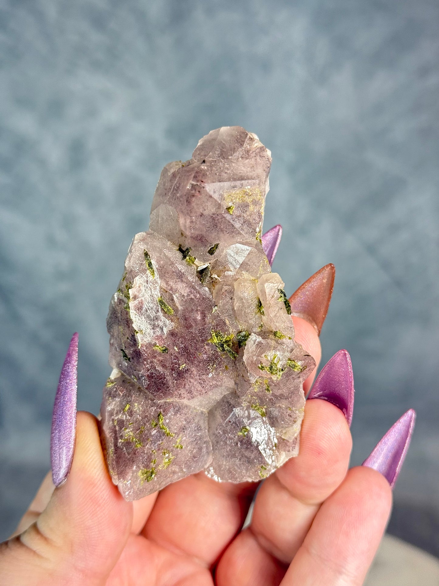 Super 7 Strawberry Amethyst Garden Quartz with Epidote. From Sichuan.