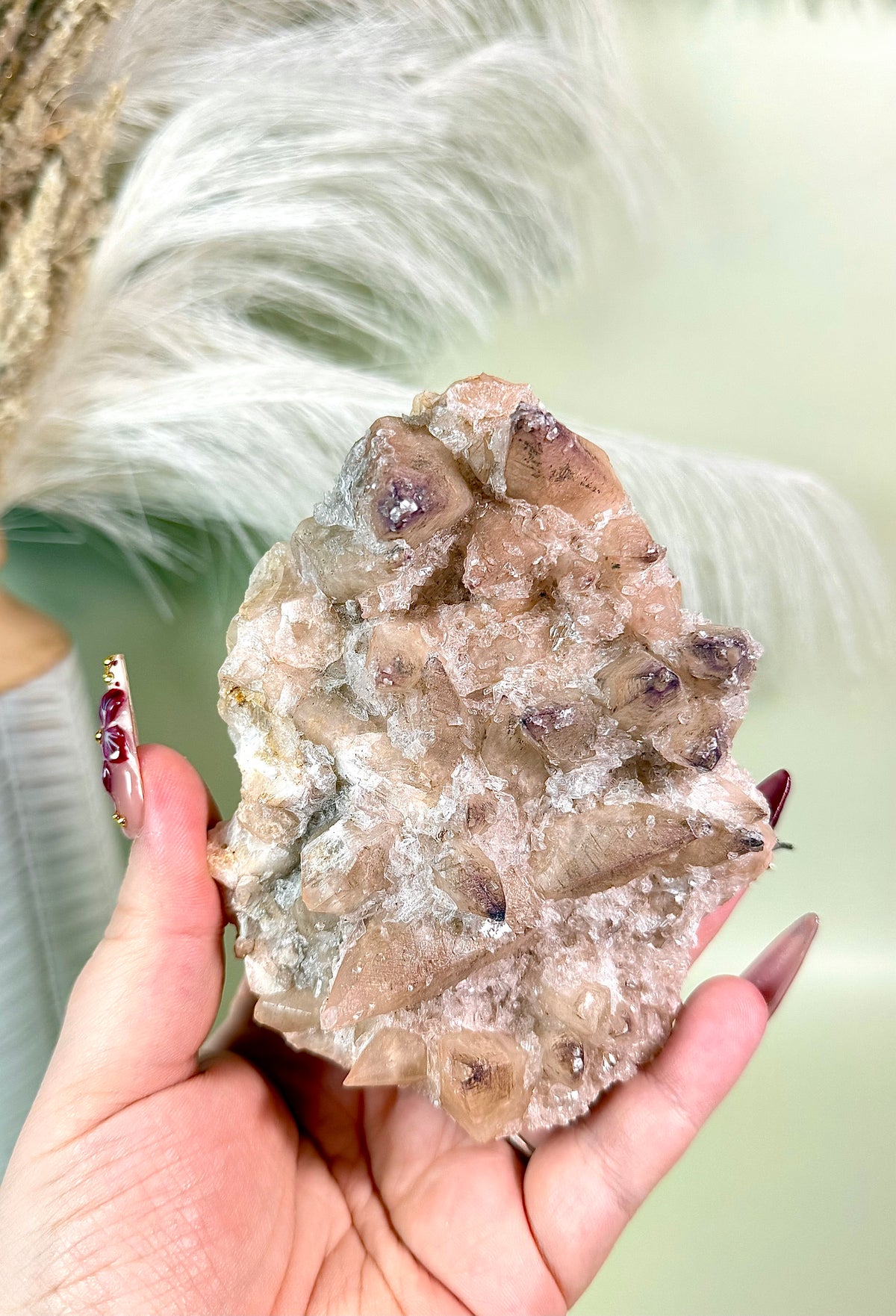 Champagne Dogtooth calcite with yttrium fluorite micro druzy & selenite crystals.