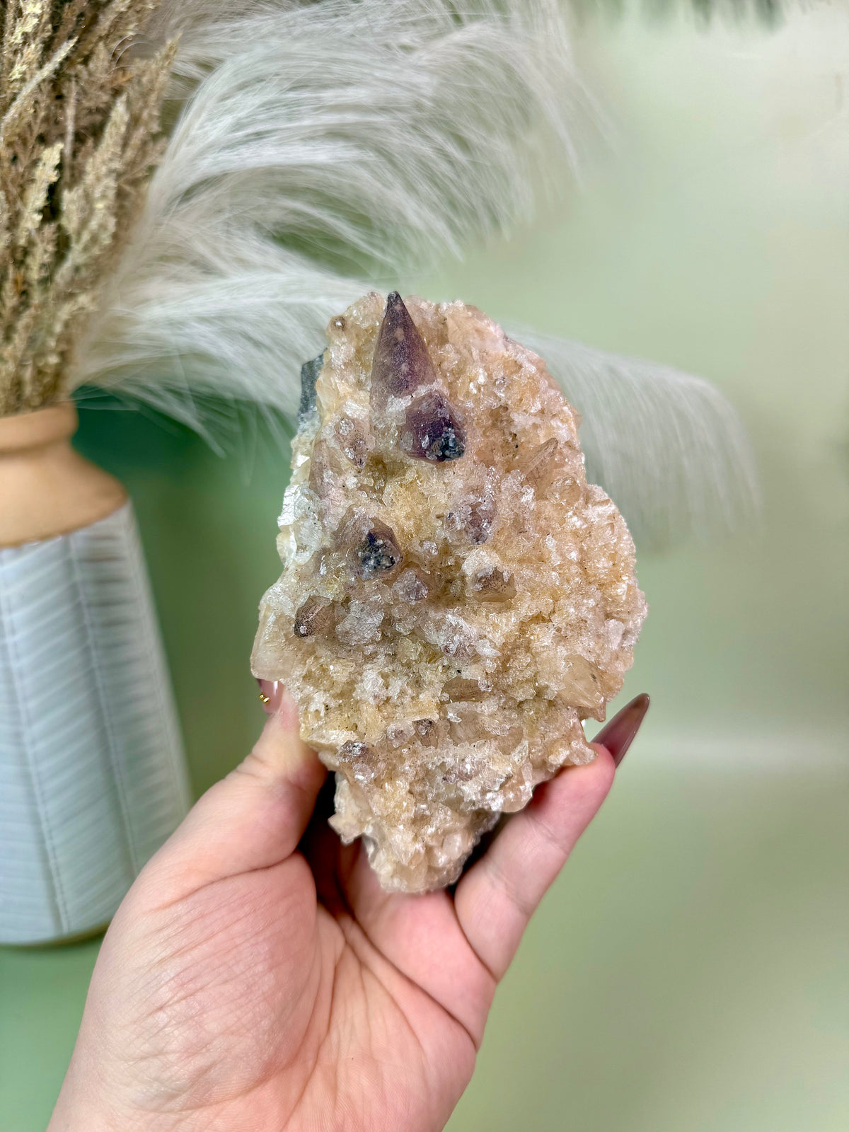 Champagne Dogtooth calcite with yttrium fluorite micro druzy & selenite crystals.