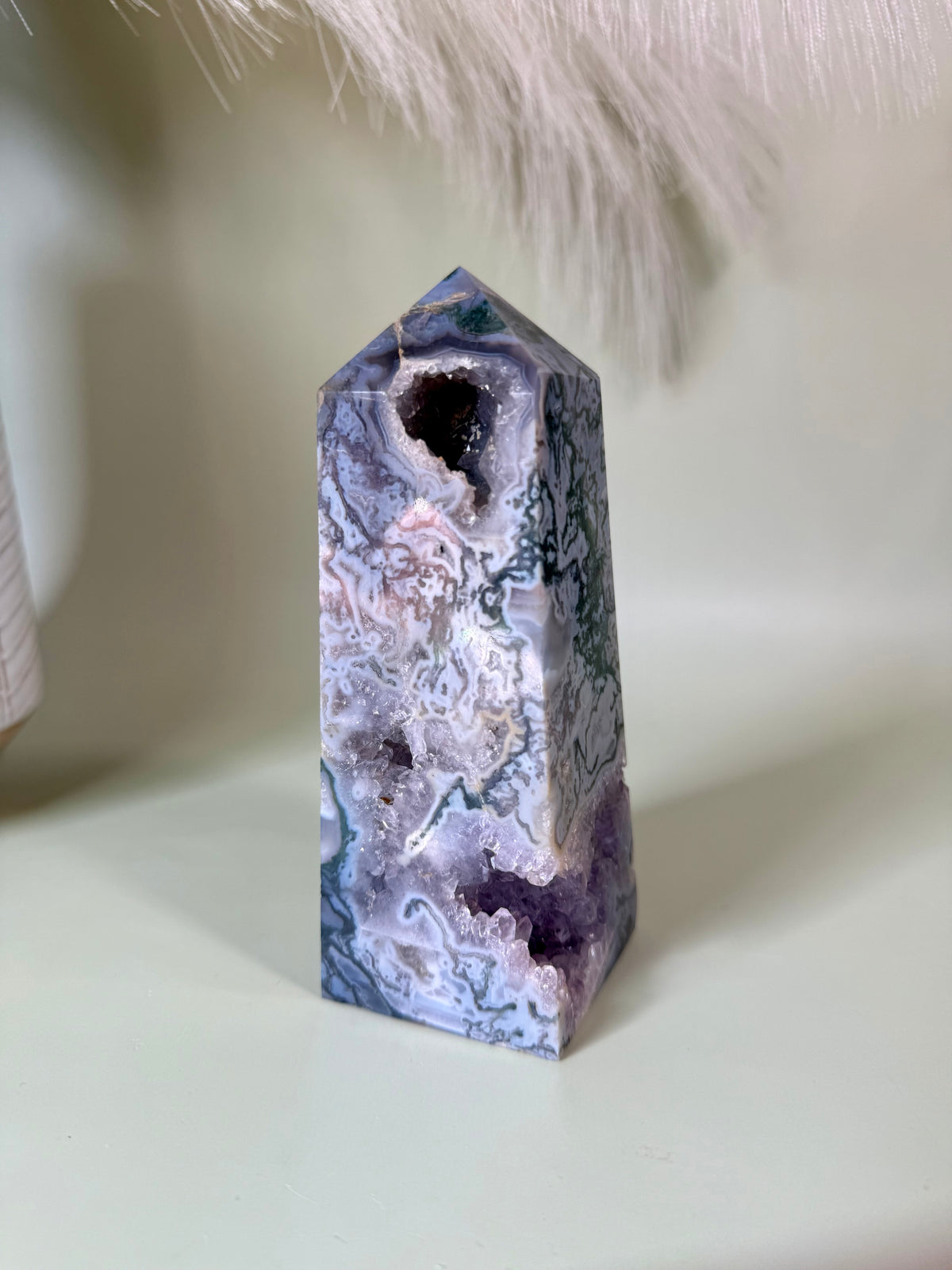 Moss Agate tower with Amethyst