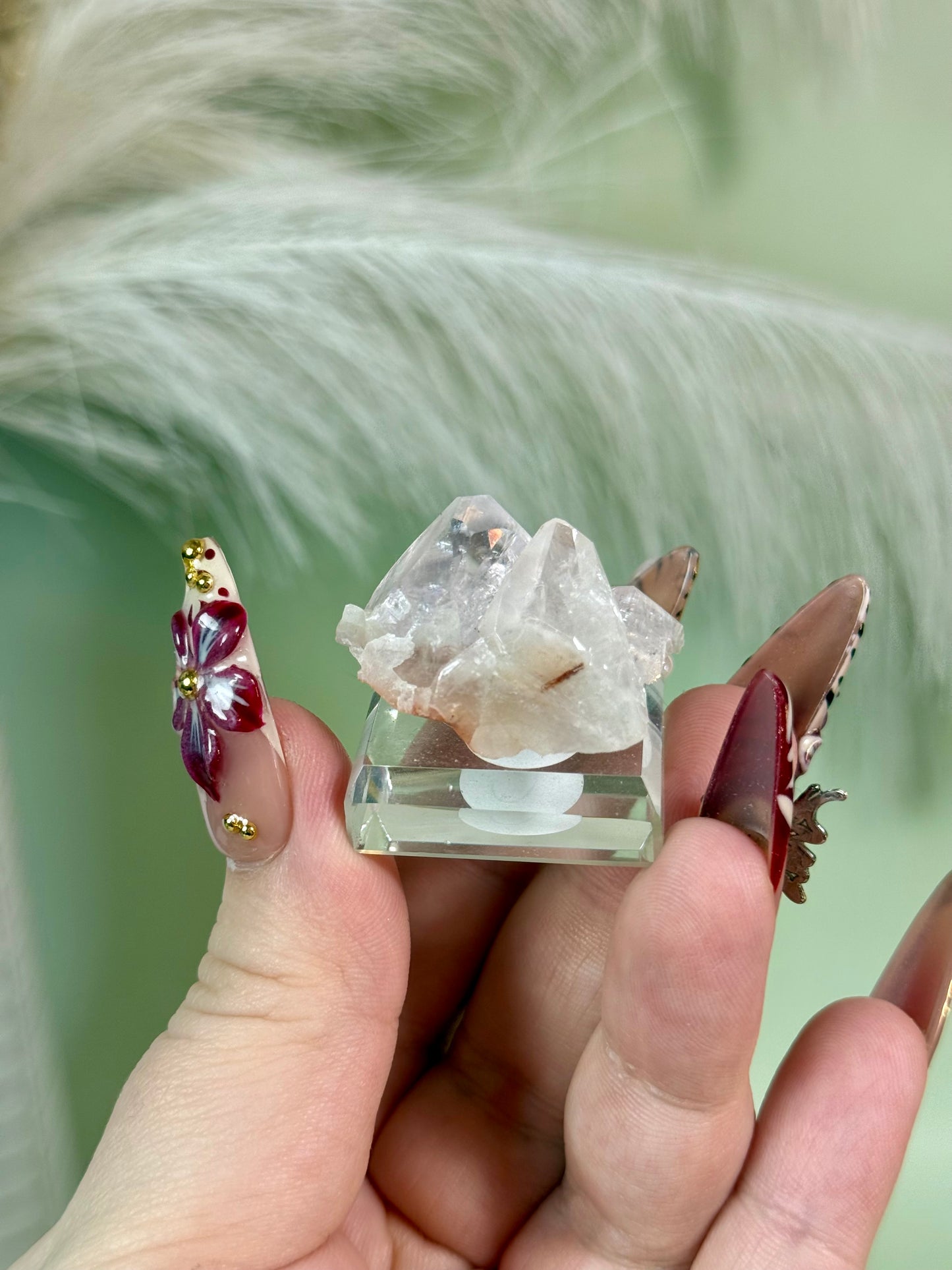 Rare light pink diamond calcite from Hubei with dog tooth calcite & chalcopyrite.