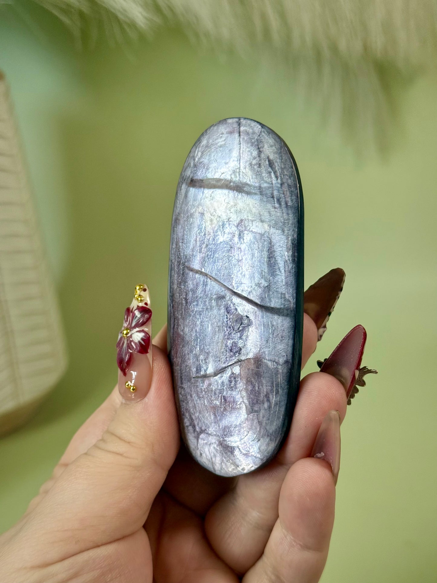 Gem Lepidolite large oval palm stone.