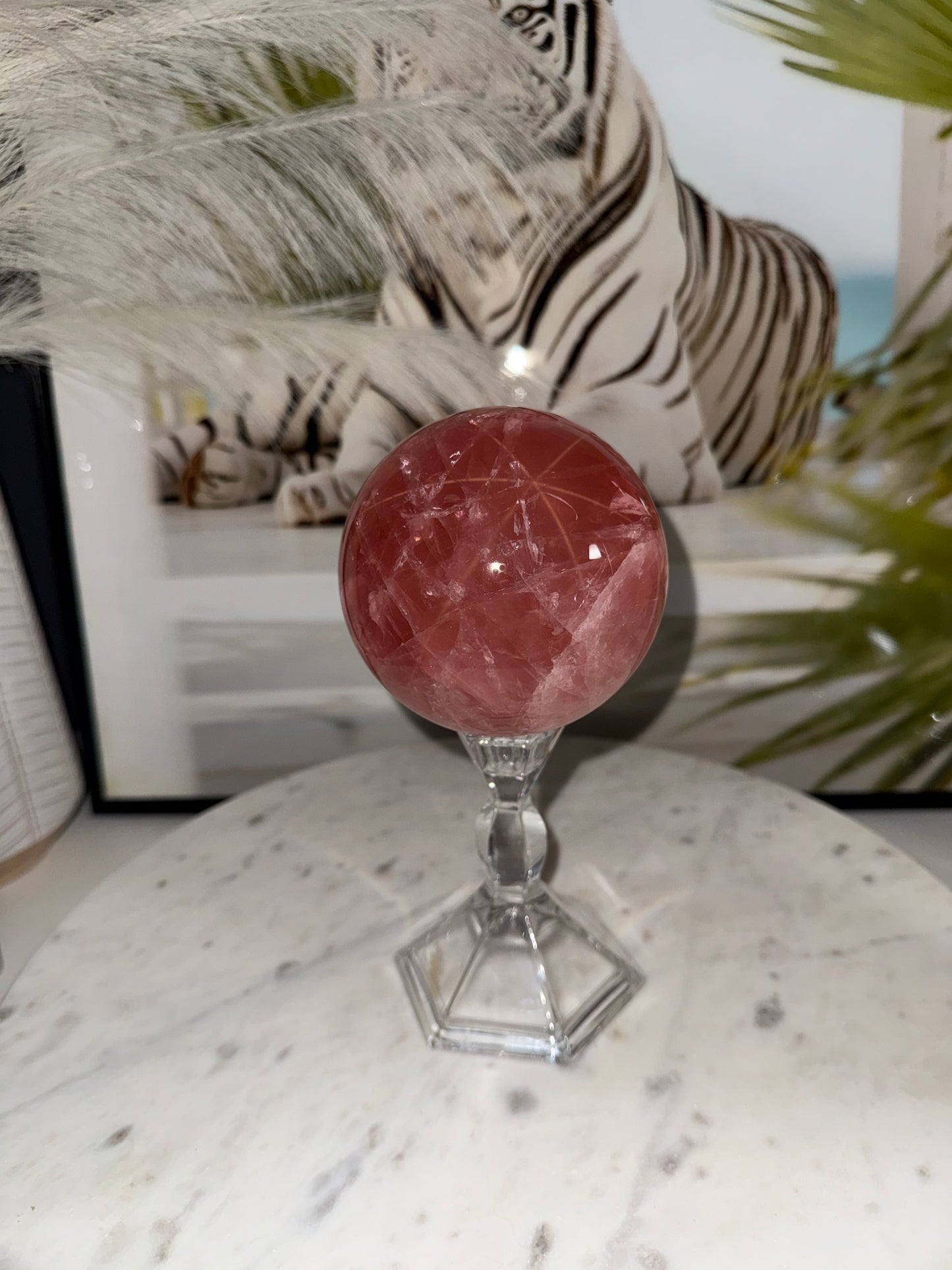 Rare reddish pink star rose Quartz sphere