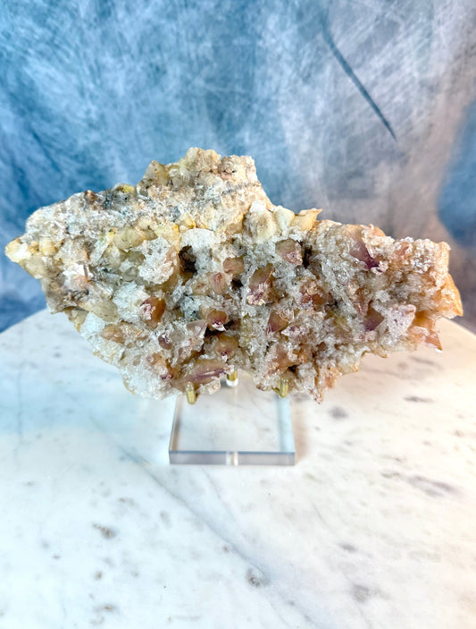 Champagne Dogtooth Calcite with Yttrium Fluorite micro druzy & Selenite crystals.