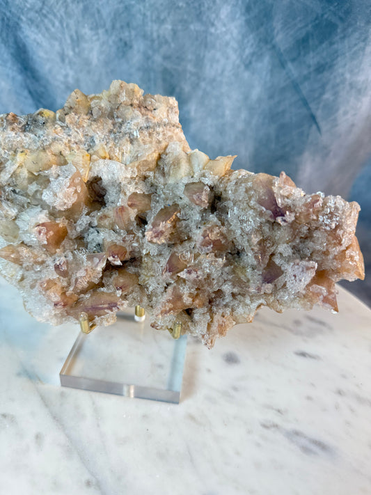 Champagne Dogtooth Calcite with Yttrium Fluorite micro druzy & Selenite crystals.