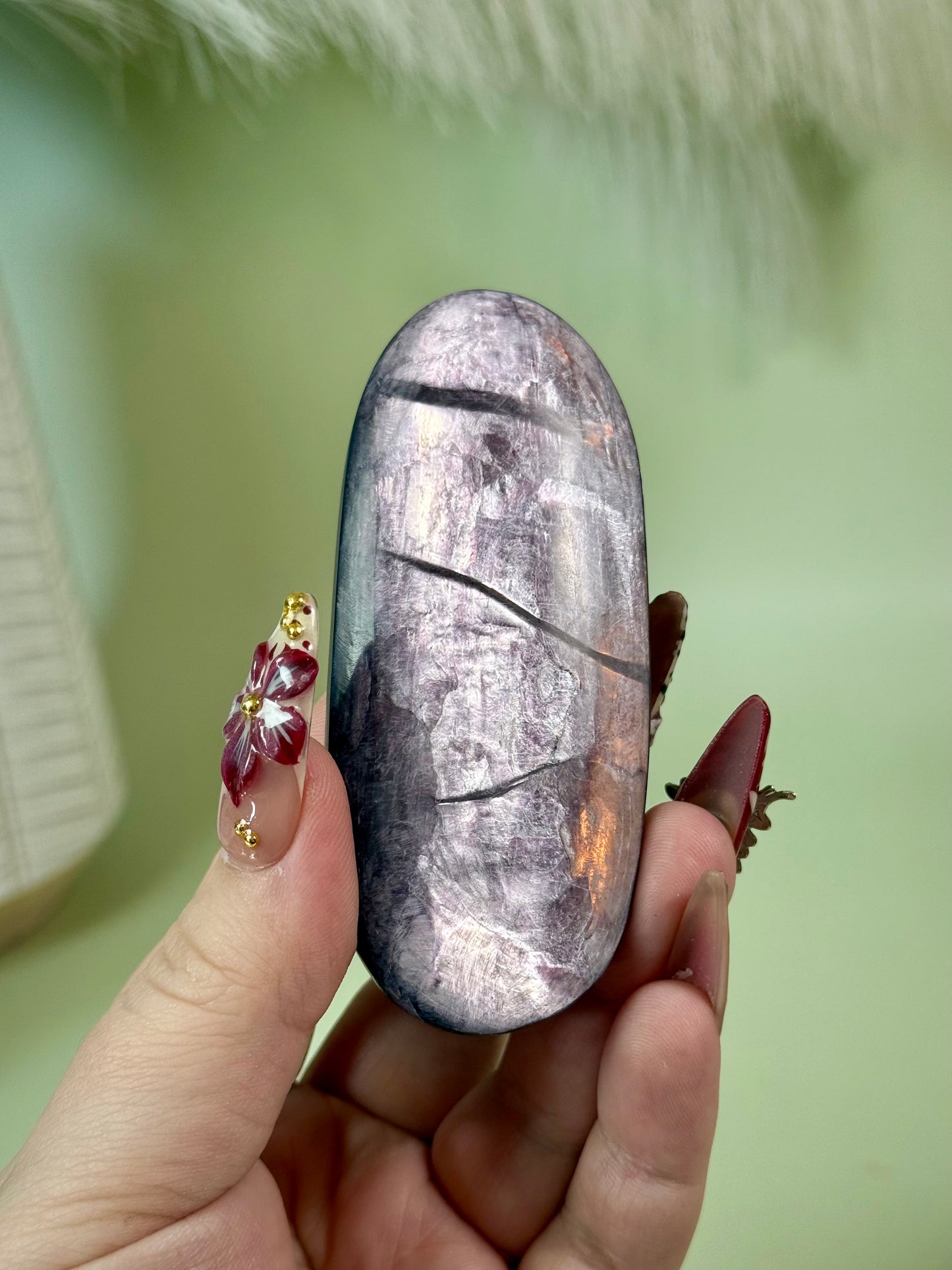 Gem Lepidolite large oval palm stone.