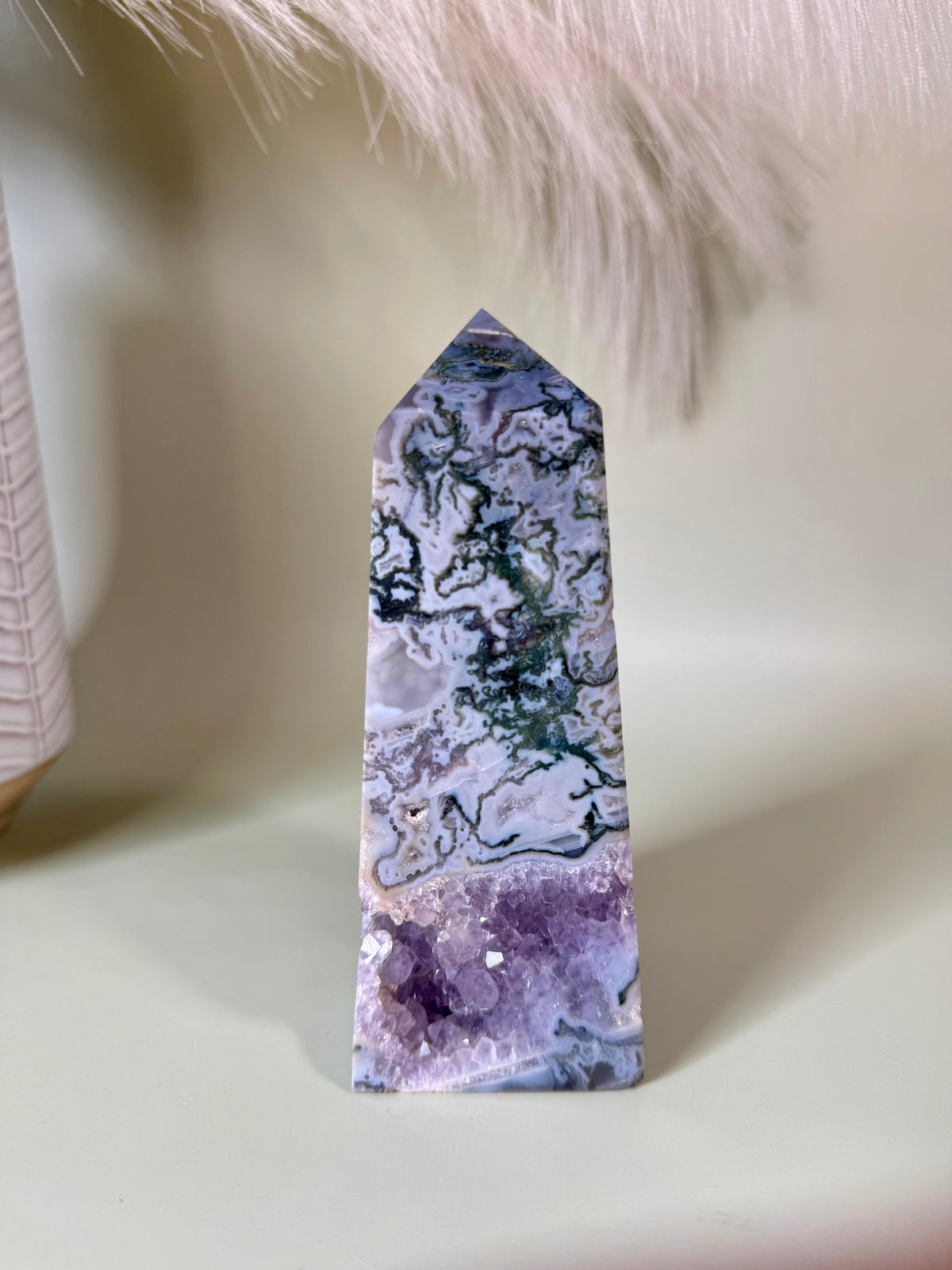Moss Agate tower with Amethyst