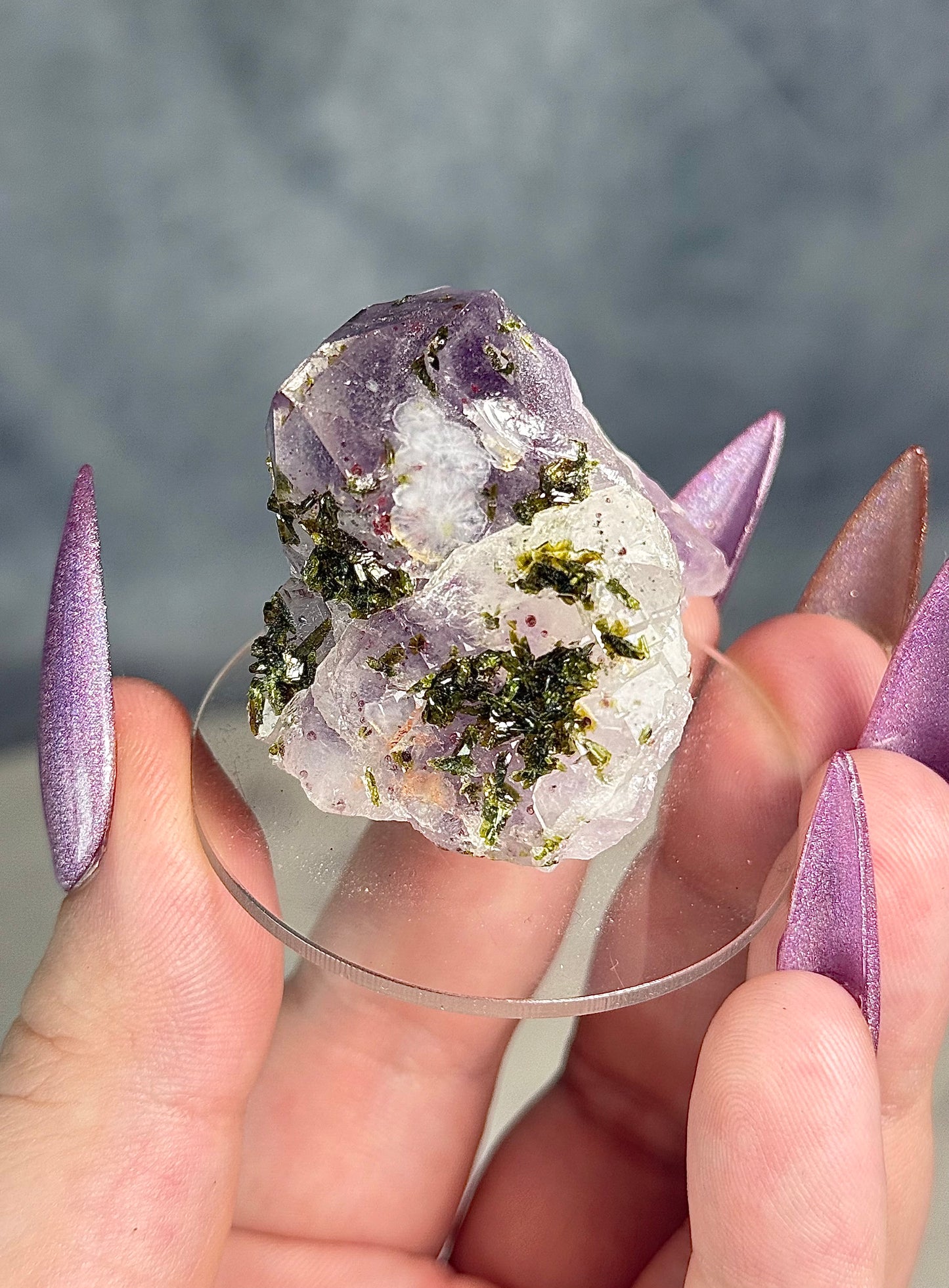 Super 7 Strawberry Amethyst Garden Quartz with Epidote. From Sichuan.