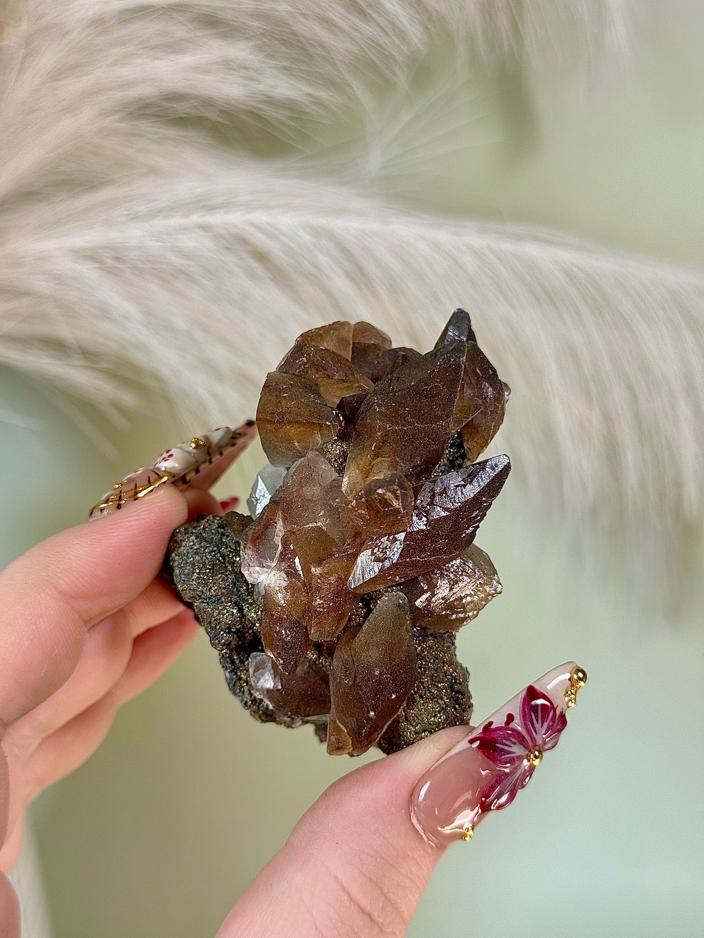 Honey dogtooth calcite with chalcopyrite.