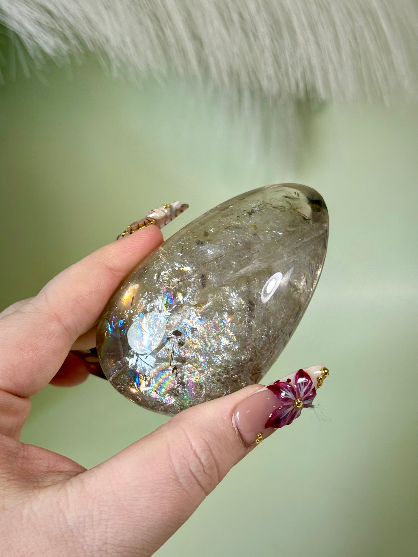 XL rainbow filled natural Citrine palm stone from Brazil.
