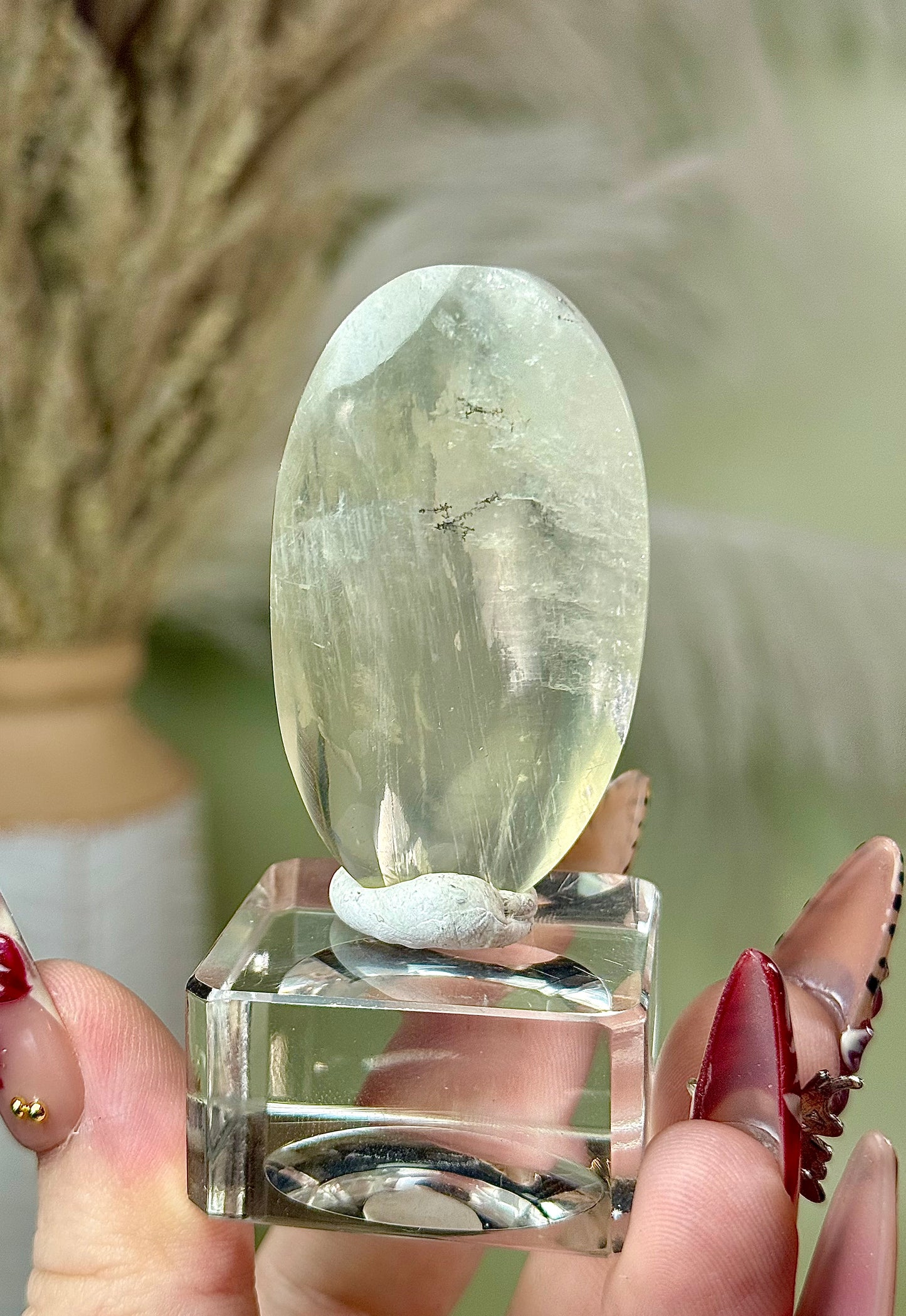 Rare Gem grade Sage moonstone with blue flash palm stone. From Tanzania. (With Dendrites!)