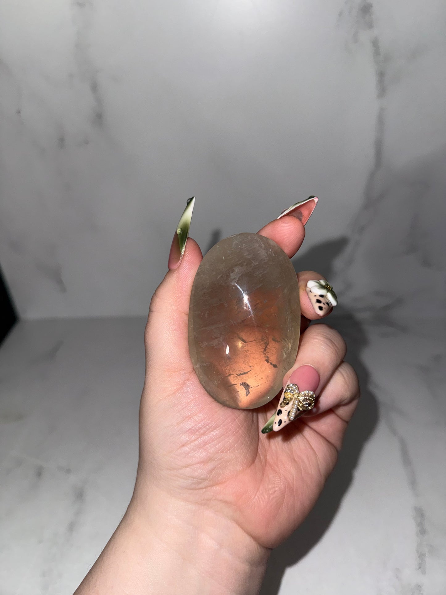 Large Gem Sage moonstone with blue flash palm. (Rare.)