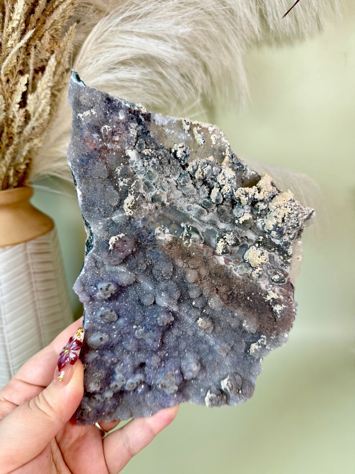 Amethyst zeolite flower slab specimen blue and green bubbles.
