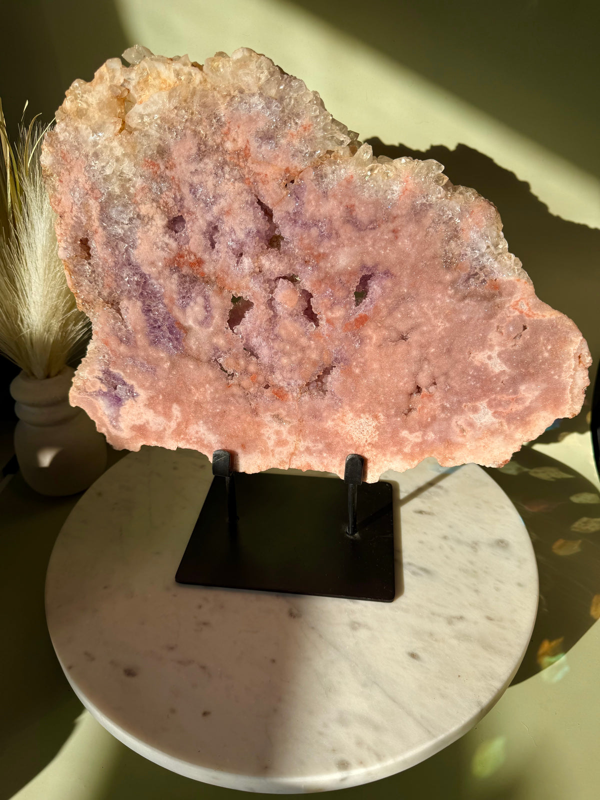 High quality double sided pink amethyst slab with amethyst & quartz.