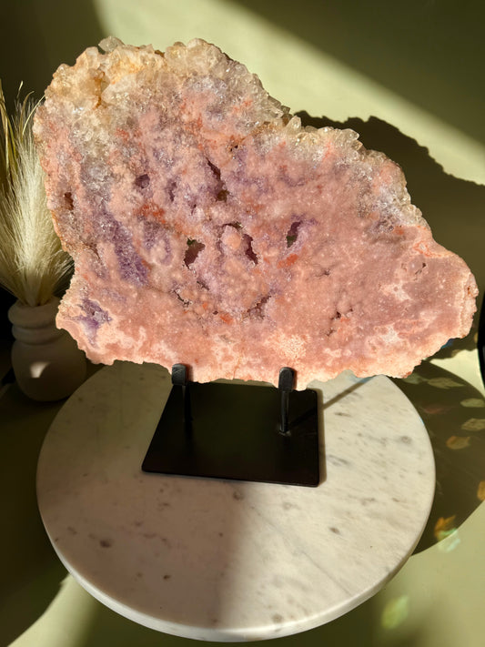 High quality double sided pink amethyst slab with amethyst & quartz.