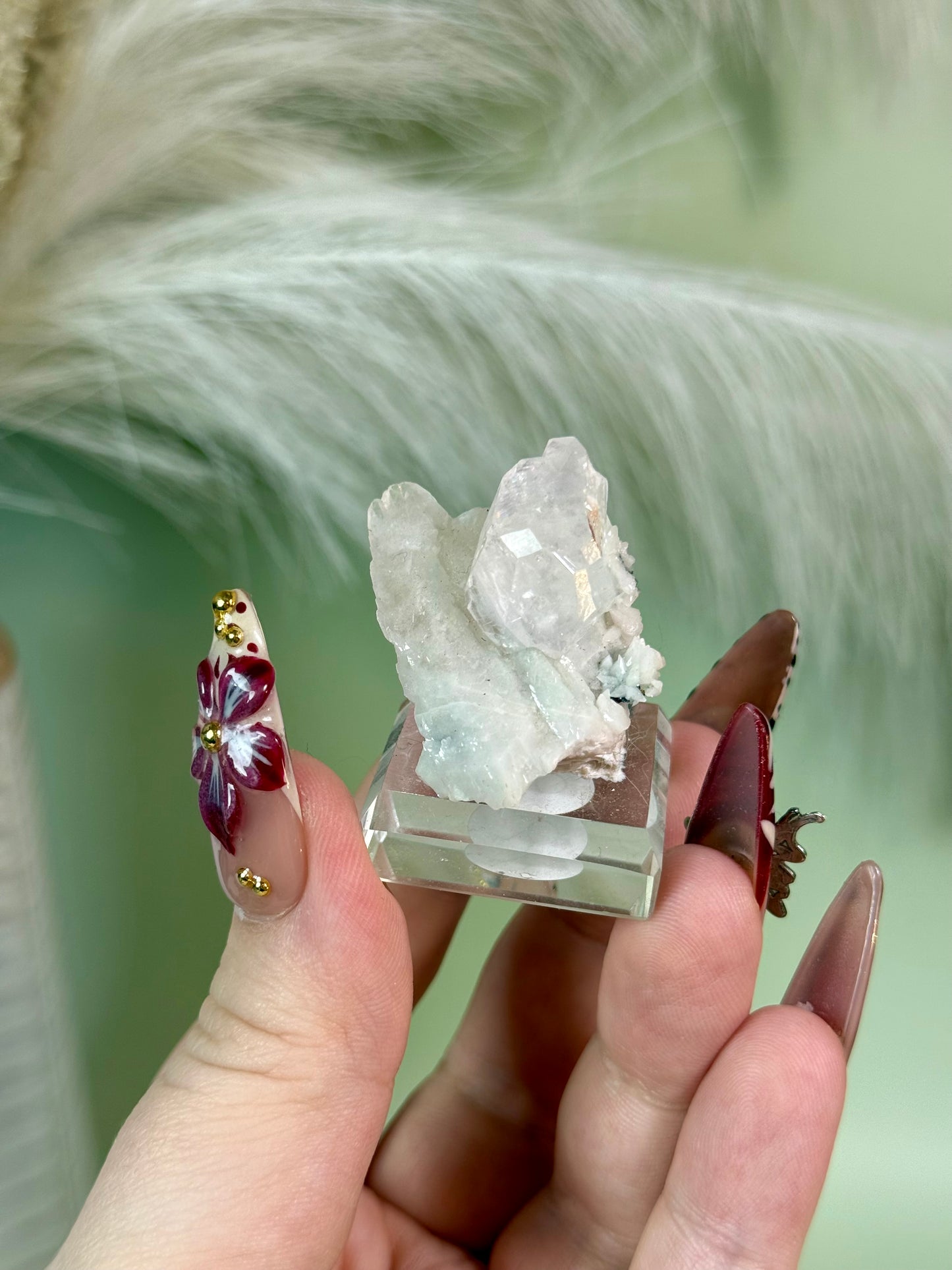 Rare light pink diamond calcite from Hubei with dog tooth calcite & chalcopyrite.