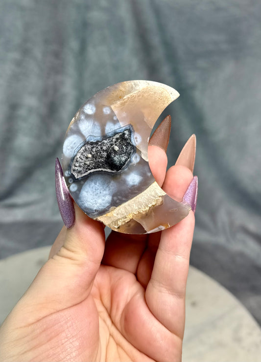 Brazilian Agate moon with rare navy blue druzy.