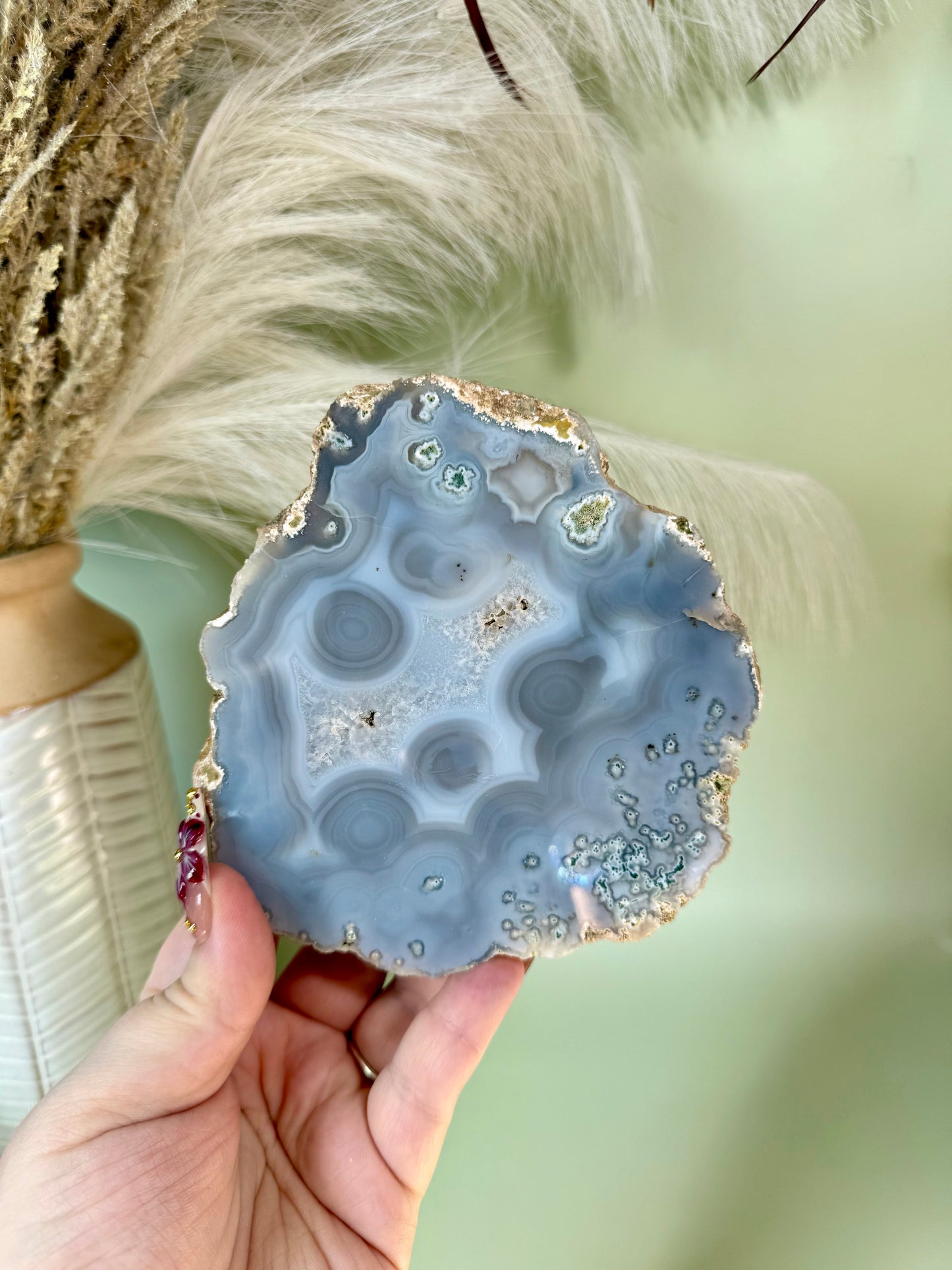 Blue orb agate slabs.