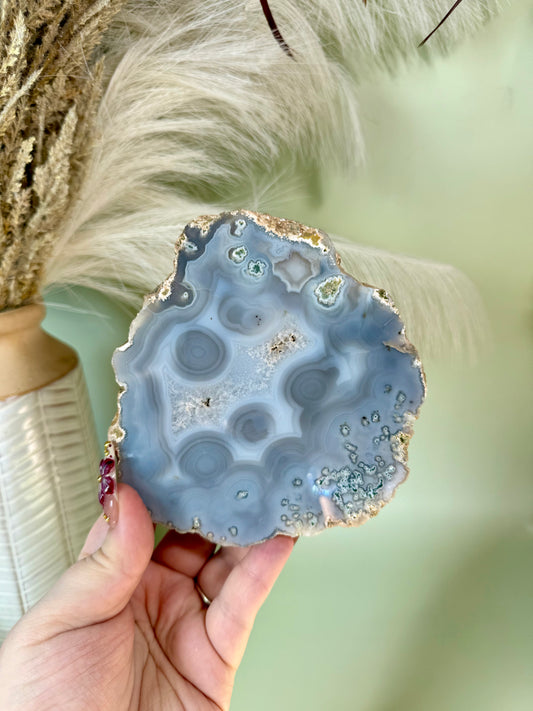 Blue orb agate slabs.