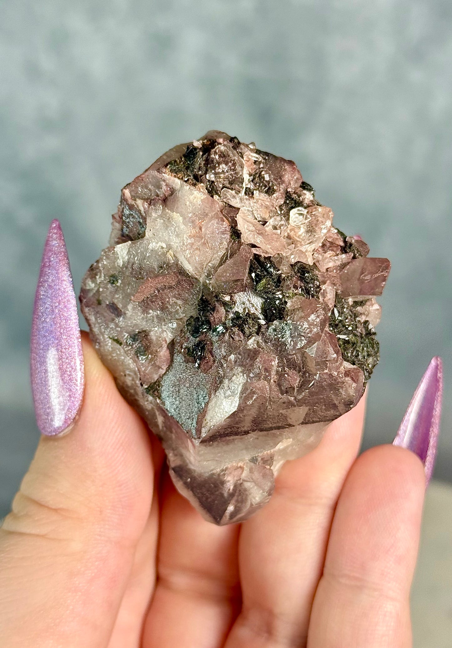 Super 7 Strawberry Amethyst Garden Quartz with Epidote. From Sichuan.