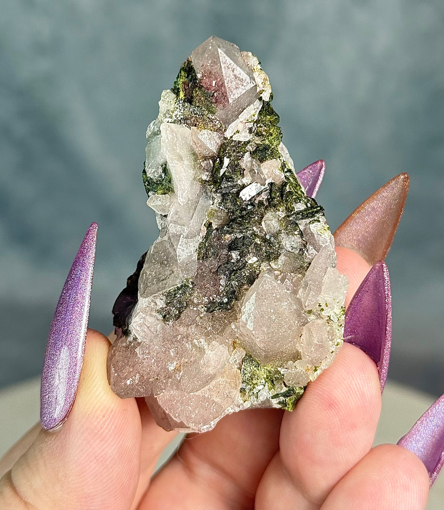 Super 7 Strawberry Amethyst Garden Quartz with Epidote. From Sichuan.