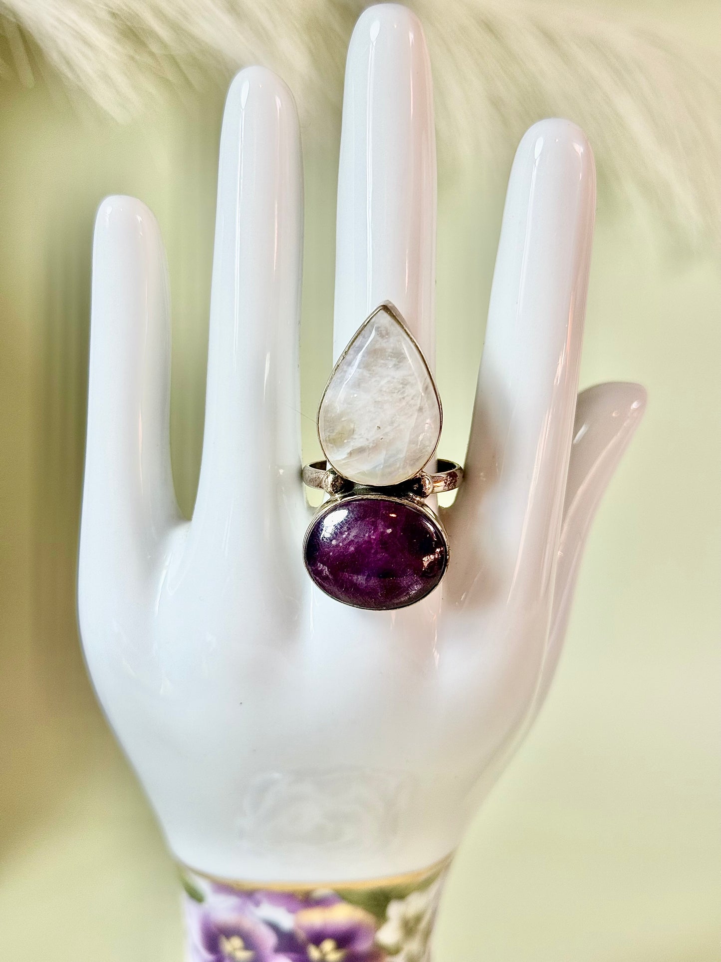 Sterling silver star Ruby with rainbow moonstone ring. Size 10.