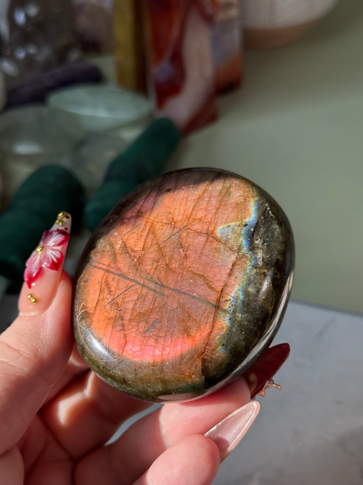 Large labradorite palm stone.