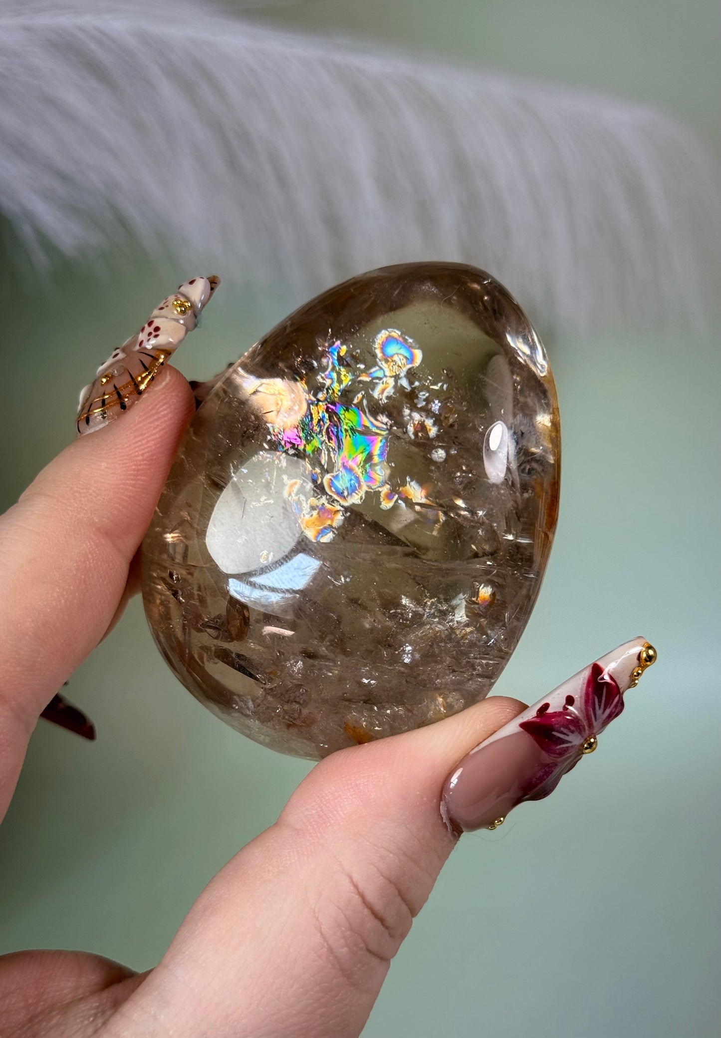 Rainbow filled natural Citrine palm stone from Brazil.