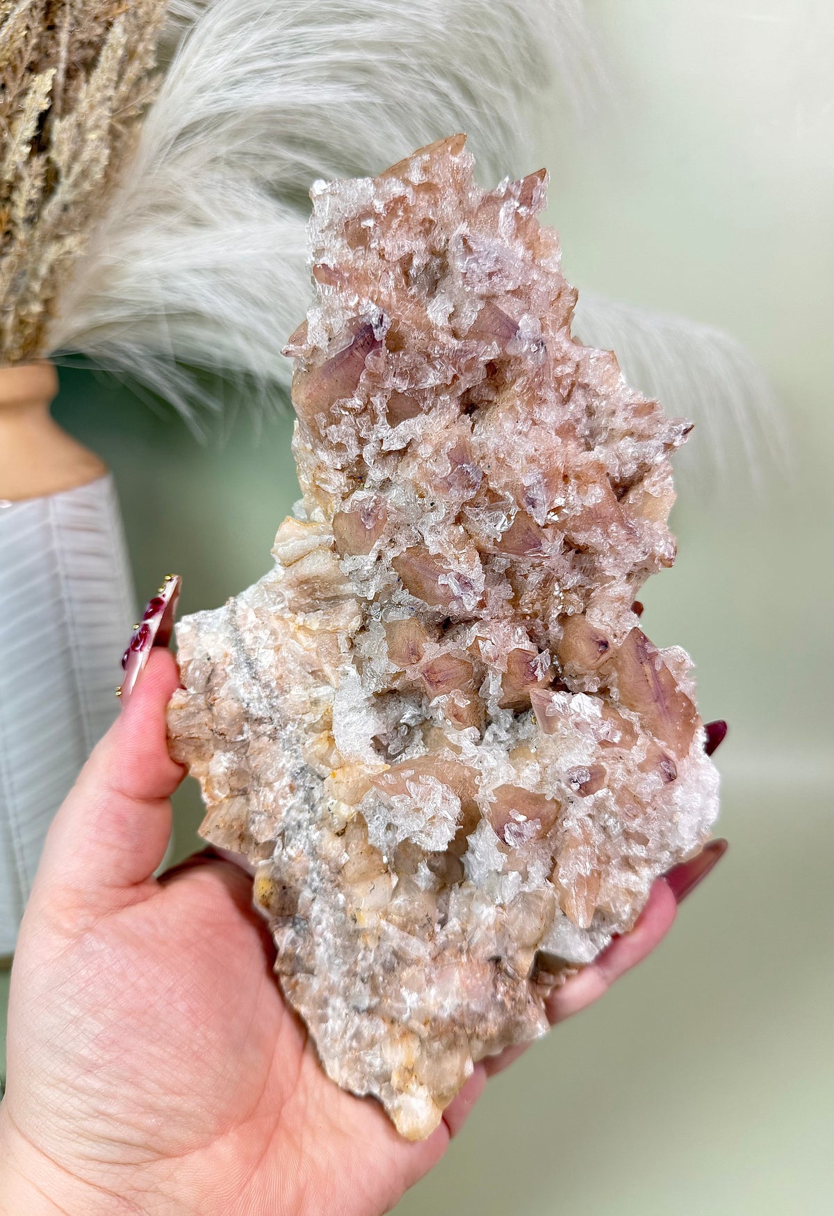 Champagne Dogtooth Calcite with Yttrium Fluorite micro druzy & Selenite crystals.