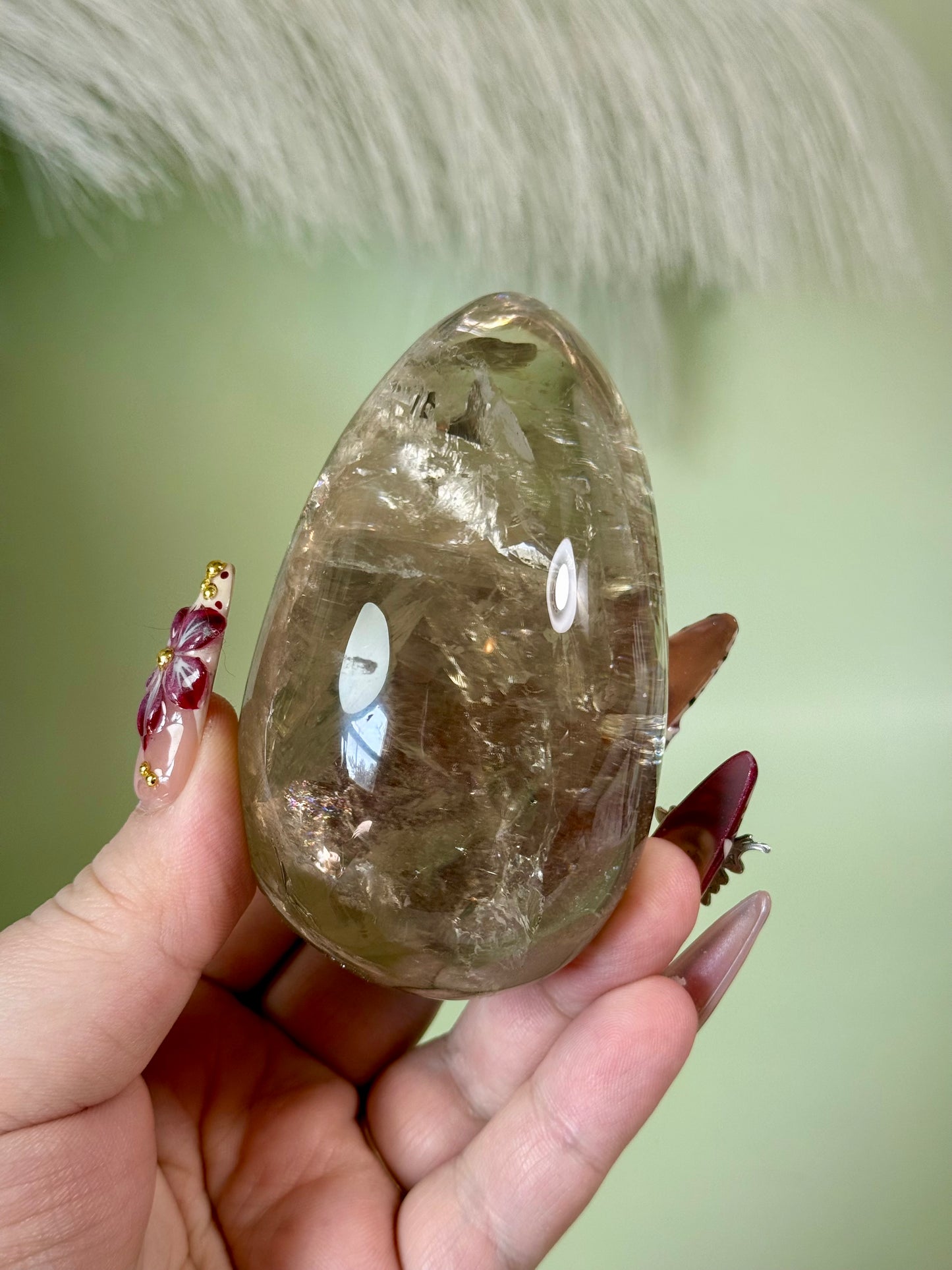 XL rainbow filled natural Citrine palm stone from Brazil.