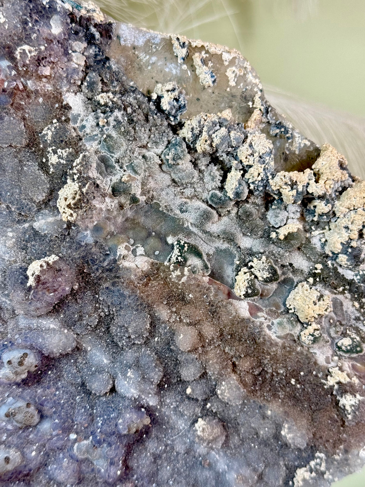 Amethyst zeolite flower slab specimen blue and green bubbles.