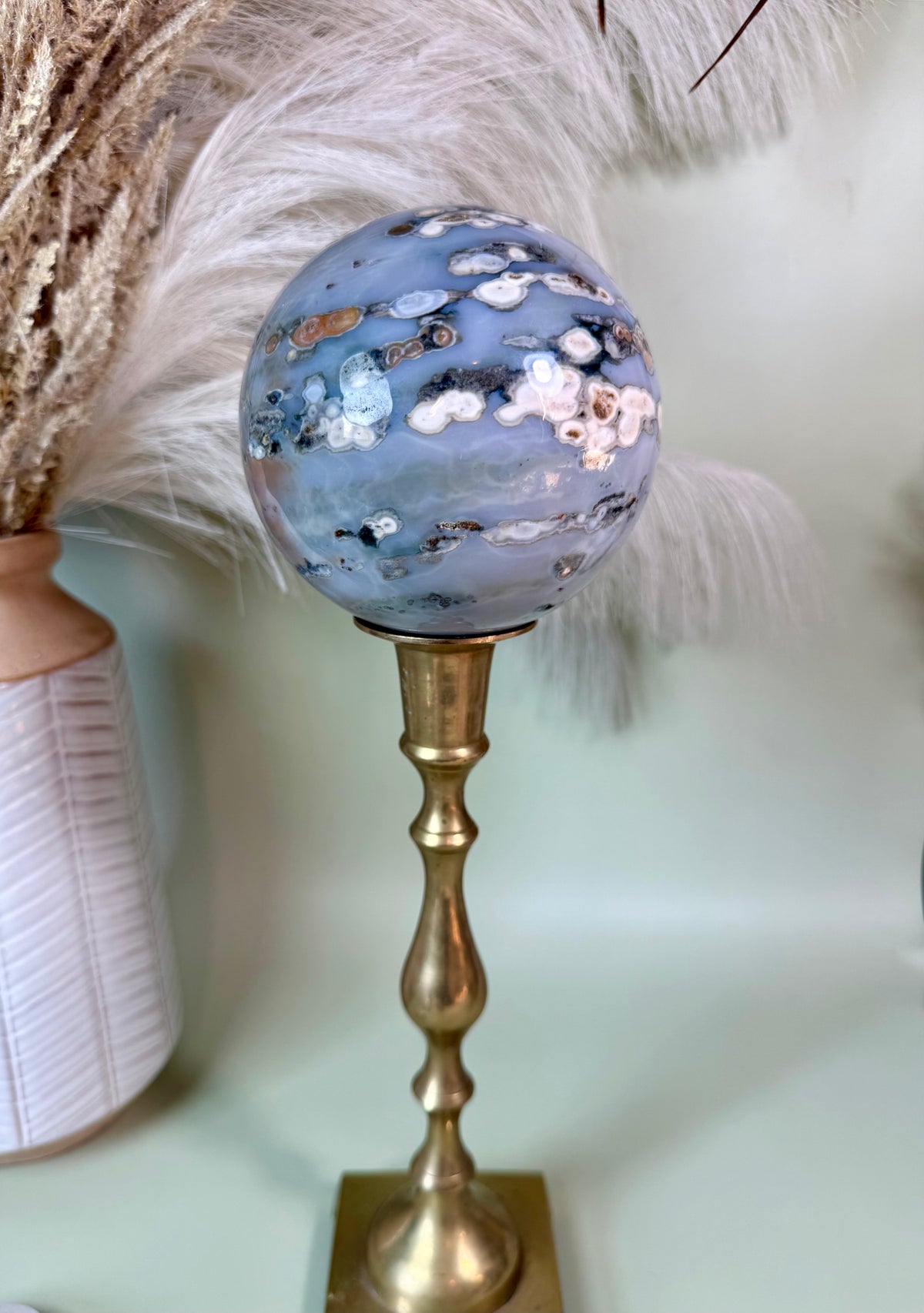 Orbicular Ocean Jasper sphere with blue druzy. (Large.)