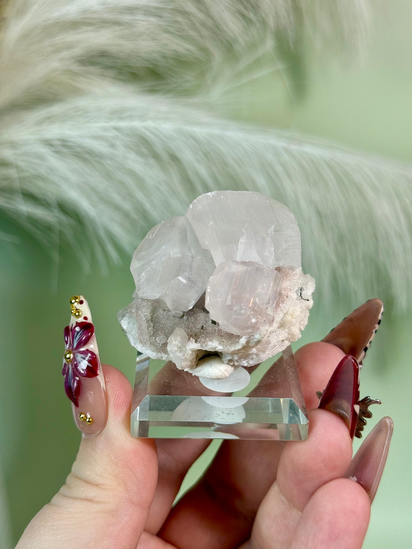 Rare light pink diamond calcite from Hubei with dog tooth calcite & chalcopyrite.