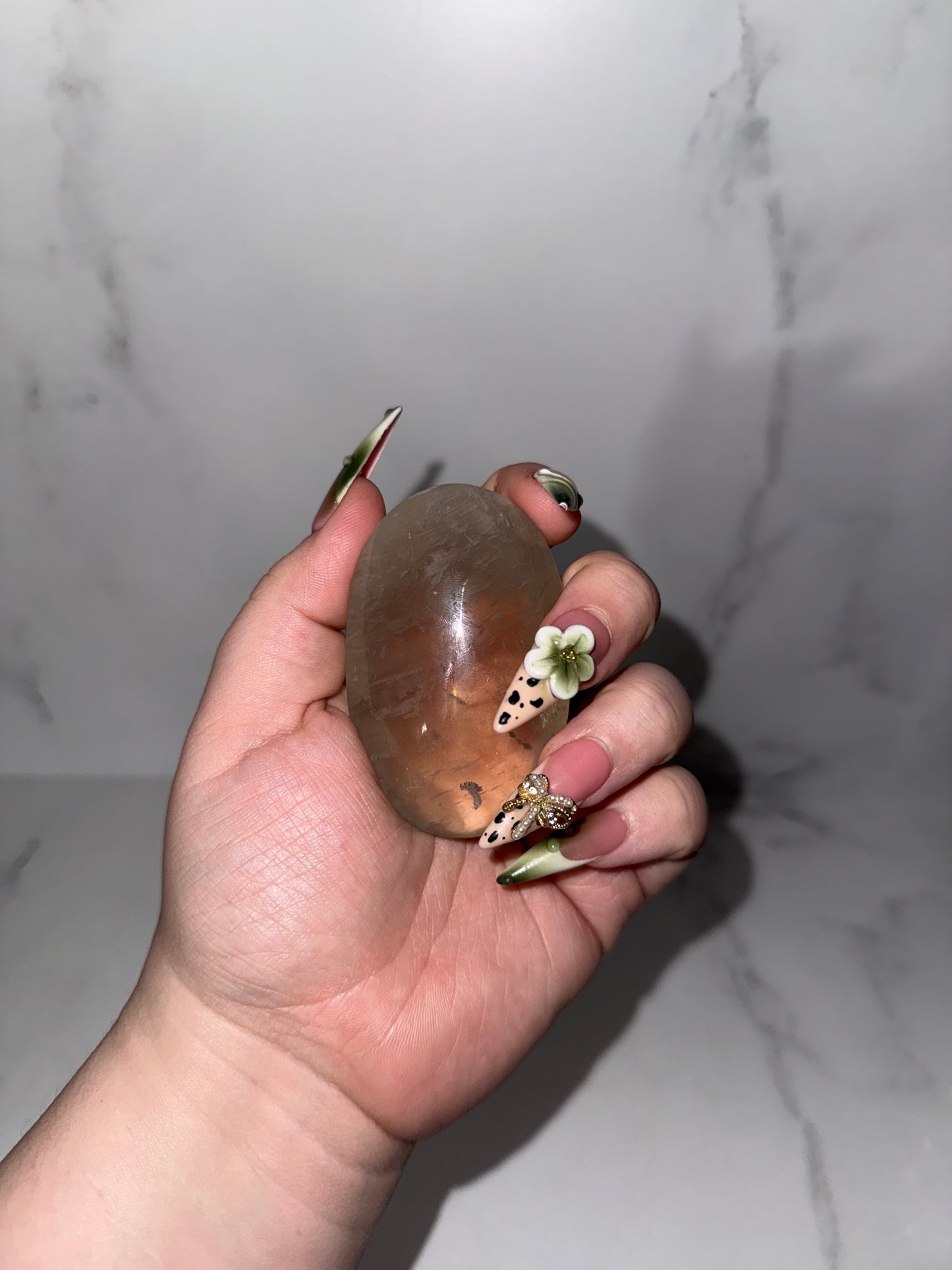 Large Gem Sage moonstone with blue flash palm. (Rare.)