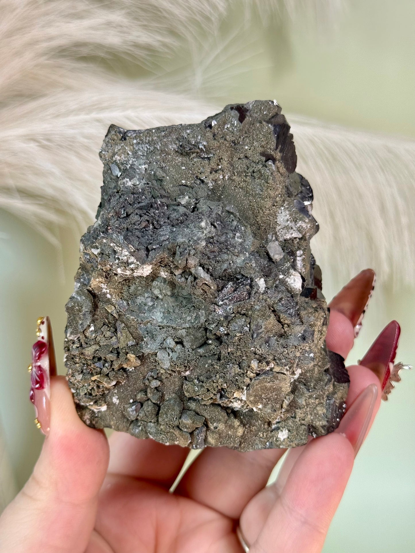 Druzy epidote on Galena.