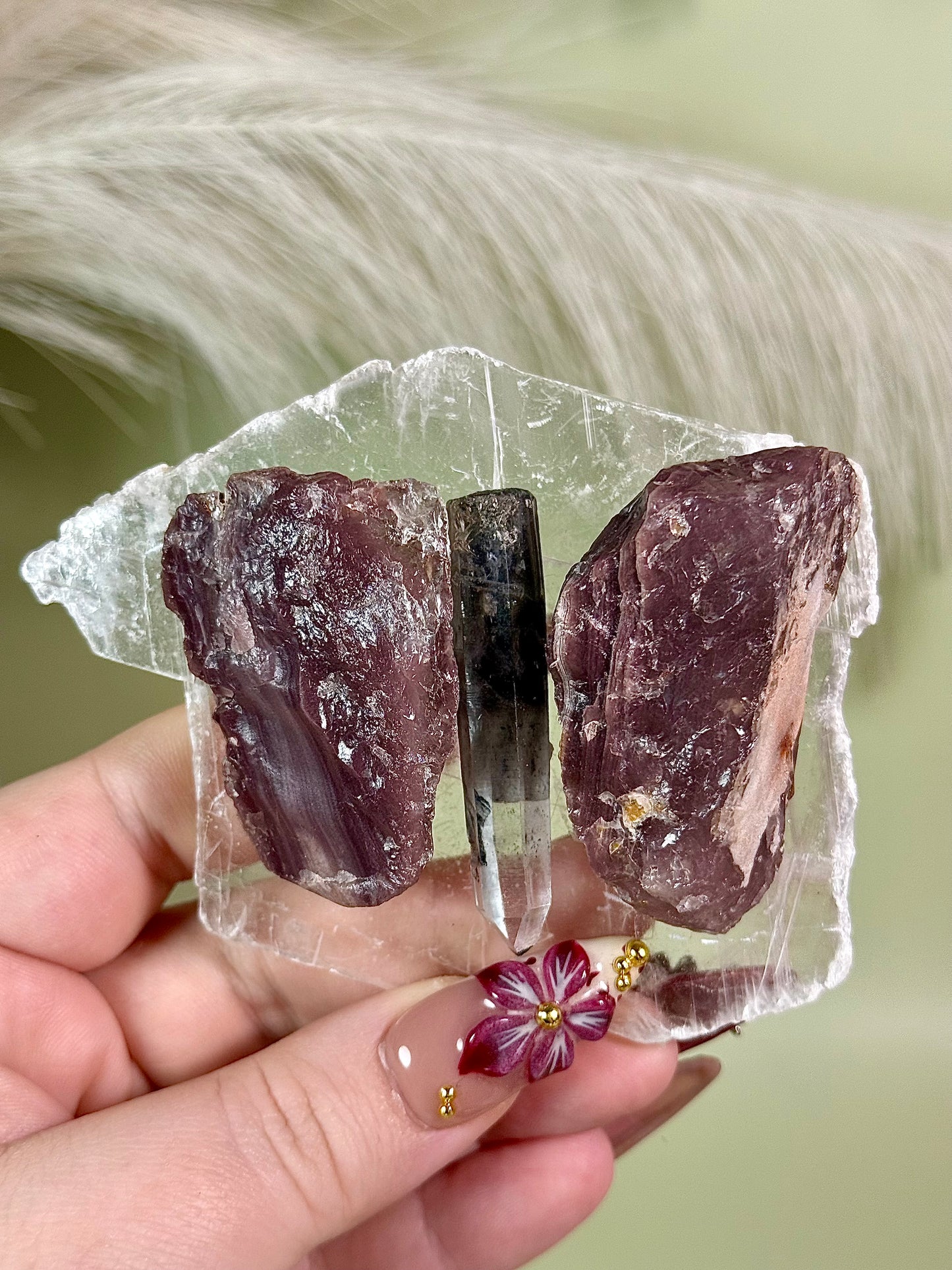 Pink Lithium butterfly. Smoky lemurian. Selenite.