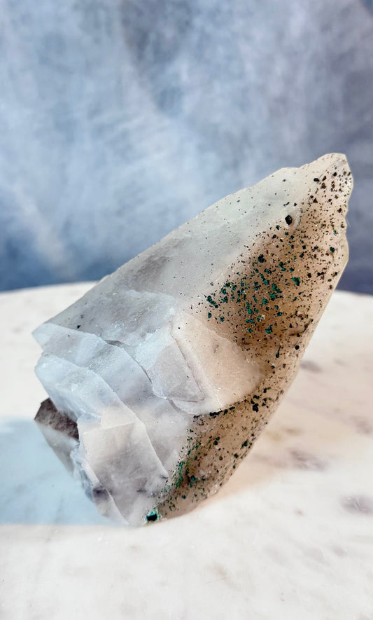 Etched Dogtooth Calcite Malachite Pyrite inclusions.