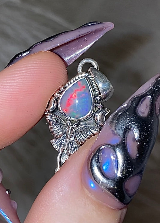 Luna Moth Genuine Ethiopian Opal Necklace 925 sterling silver. (B)