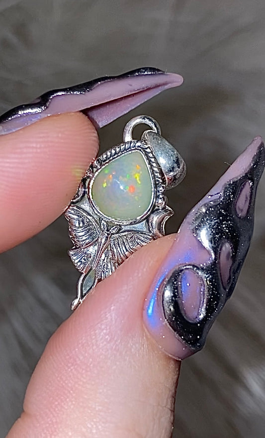 Luna Moth Genuine Ethiopian Opal Necklace 925 sterling silver. (D)