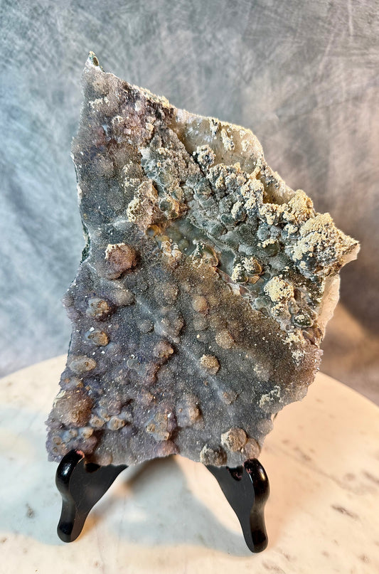 Amethyst zeolite flower slab specimen blue and green bubbles.